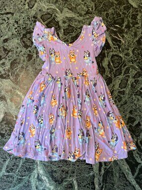 Little Sleepies Bluey and Bingo purple flutter twirl dress 3T EUC